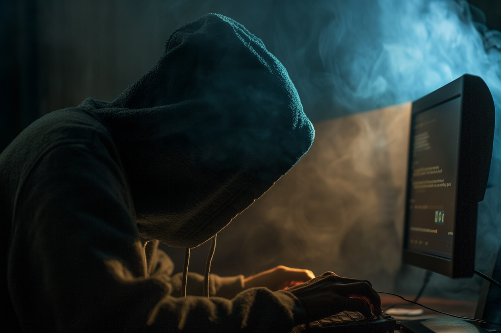 person focused on a computer screen hacking a account